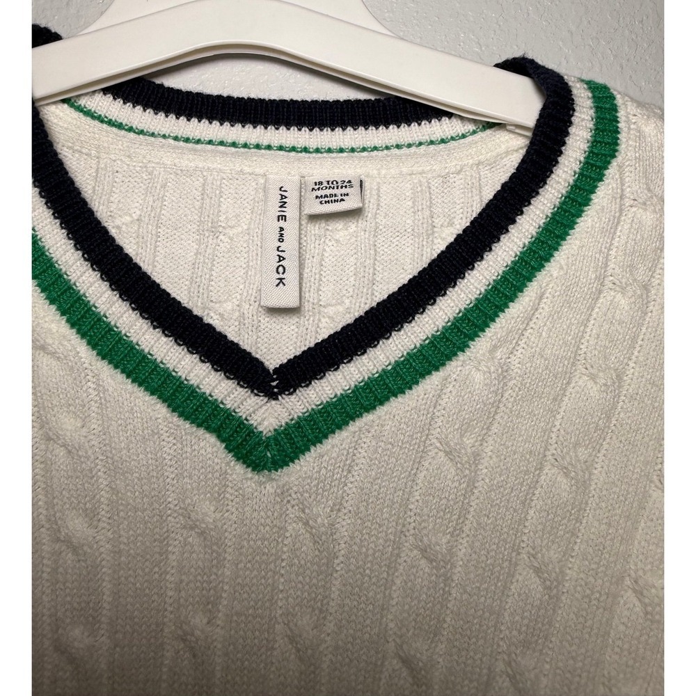 Jane & Jack Kids Cable Knit V Neck Sweater White Green Navy Stripes Size 18-24M - Picture 4 of 5